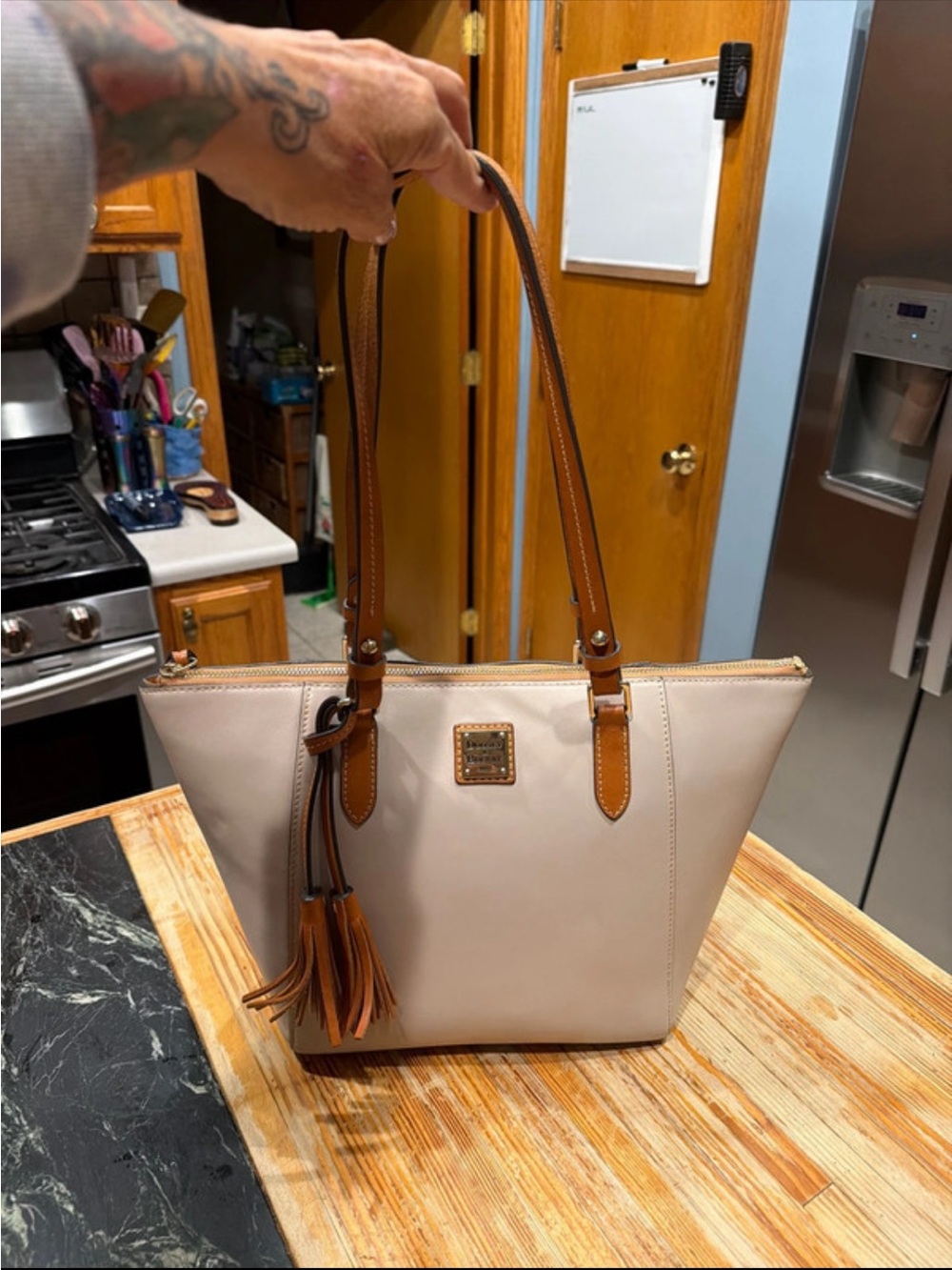 Dooney & Bourke light grey Leather Shoulder Tote with Brown Trim